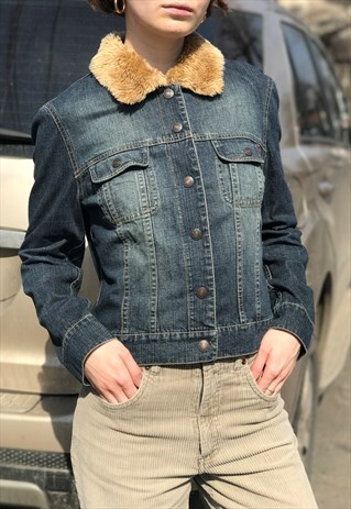 DENIM JACKET WITH FAUX FUR COLLAR