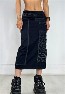 Vintage Y2k Midi Skirt Embroidered Grunge Boho 90s Long 00s