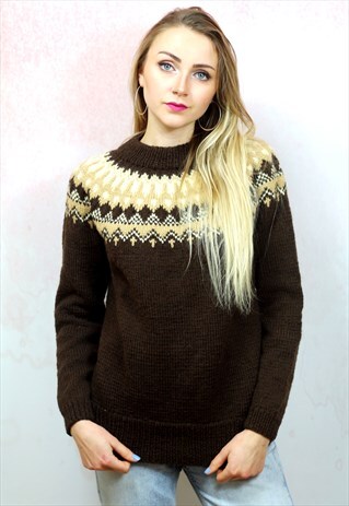 1980S VINTAGE BROWN ICELANDIC WOOL KNIT JUMPER