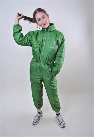 80S GREEN SKI SUIT, VINTAGE WOMEN SNOW SUIT WITH BIG PRINT