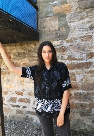 VINTAGE SHORT SLEEVE HAWAIIAN PATTERNED FESTIVAL SHIRT BLACK