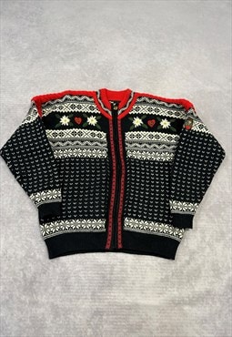 Vintage Knitted Cardigan Embroidered Norwegian Pattern Knit