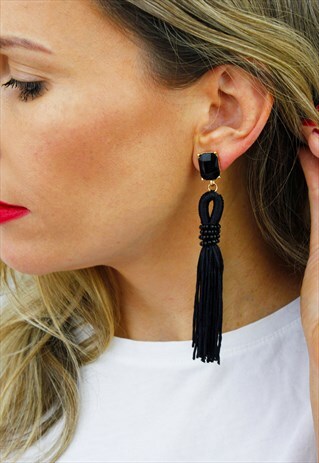 BLACK GEM LONG TASSEL FRINGE CHANDELIER DROP DANGLE EARRINGS