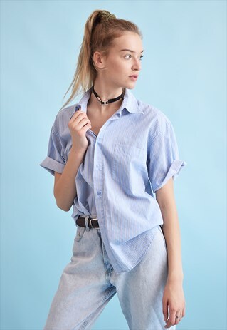 90'S RETRO STRIPED PRINT OVERSIZED DADS BLOUSE TOP