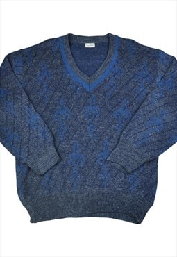 Vintage V Neck Knitwear Pattern Sweater Blue Medium