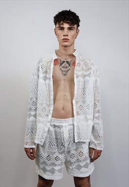 Crochet shirt & shorts set lace top mesh tracksuit in white