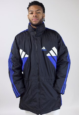 VINTAGE ADIDAS BLACK AND BLUE LONG PADDED JACKET