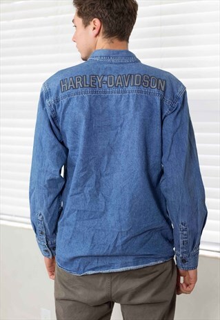 VINTAGE HARLEY-DAVIDSON DENIM SHIRT LOGO 90S M 19.2