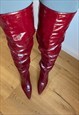 BURGUNDY LONG LEATHER KITTEN HEEL BOOTS