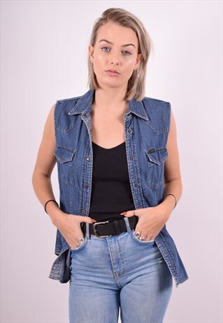 LEE WOMENS VINTAGE DENIM SHIRT SLEEVELESS MEDIUM BLUE 90'S