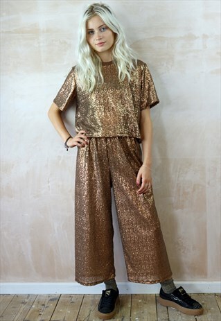 ALL OVER BUTTERSCOTCH SEQUIN CROP PANTS CO-ORDINATES