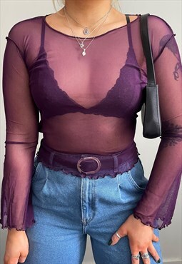 Vintage 90s Y2k Purple Sheer Mesh Long Sleeve Top