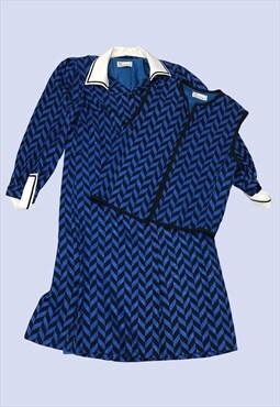 80s Cobalt Blue Black Zig-Zag 2 Piece Waistcoat Dress Co-ord