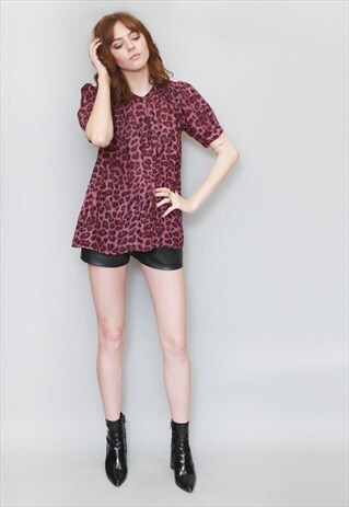 VINTAGE 1970'S PURPLE AND BLACK LEOPARD PRINT SMOCK TOP