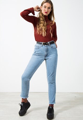 VINTAGE 80S REWORKED FRAYED HEM MOM JEANS MID WASH /0014