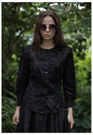 VINTAGE 80'S BLACK/GLOSSY LONG SLEEVE TOP