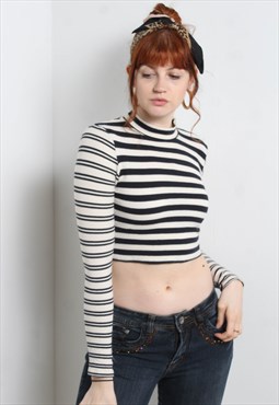 Vintage Y2K Knitted Striped Cropped Top White