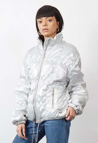 VINTAGE 80'S METALLIC SILVER QUILTED PUFFER JACKET