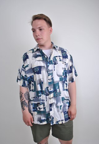 80S ABSTRACT PRINT SHORT SLEEVE RAVE SHIRT, SIZE M