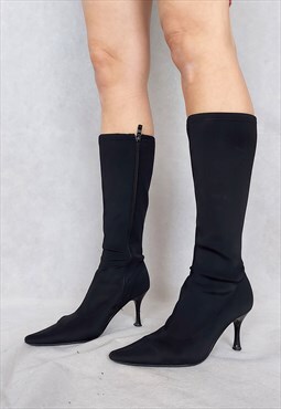 Classic Black Heels, Vintage Black Sock Boots, UK Size 3.5