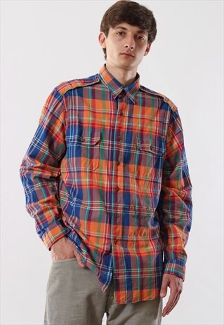 VINTAGE POLO RALPH LAUREN ORANGE PLAID CHECK LONG SLEEVE