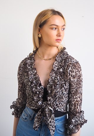 VINTAGE ANIMAL PRINT RUFFLE BUTTON UP BLOUSE