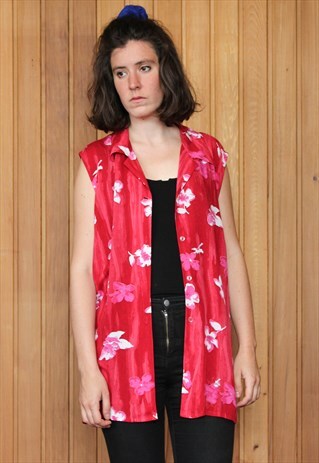VINTAGE RED FLORAL PATTERNED SLEEVE-LESS SHIRT