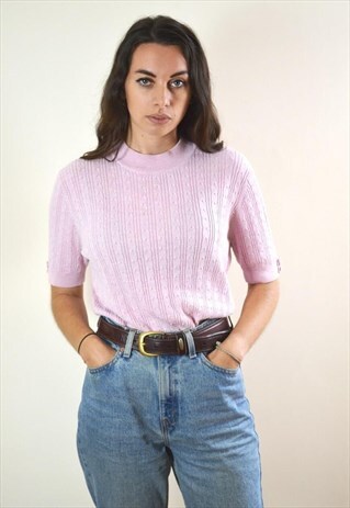 90S VINTAGE CROPPED SLEEVE PASTEL PINK CABLE KNIT JUMPER