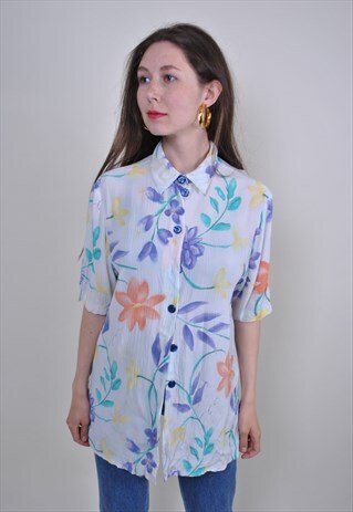 70S VINTAGE WHITE SHORT SLEEVE BLOUSE WITH FLORAL PRINT
