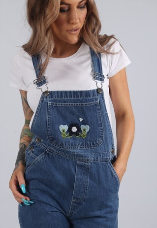 VINTAGE Y2K DENIM DUNGAREES WIDE FLARED PETITE 6 - 8 (E1A)