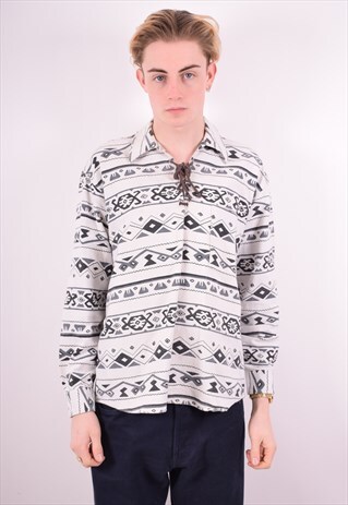 MENS VINTAGE AZTEC POLO SHIRT LONG SLEEVE MEDIUM WHITE 90'S