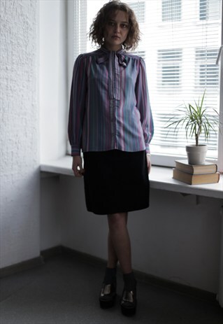 VINTAGE 70'S MULTI COLOUR STRIPED LONG SLEEVE BOW BLOUSE