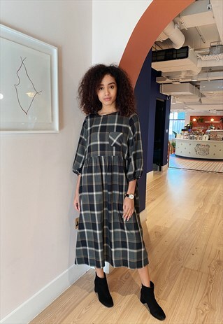 FIONA MIDI SMOCK-GREY PLAID