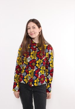 90s abstract print colorful blouse, vintage woman multicolor