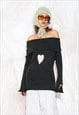 VINTAGE Y2K OFF SHOULDER KNIT JUMPER IN GREY W HEART