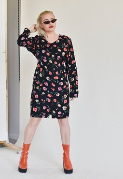 Vintage 90s Grunge Midi Floral Long Sleeve Viscose Dress M