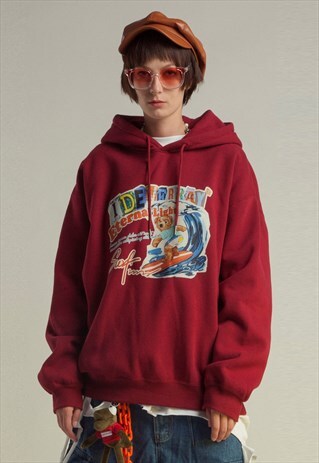 Surfer print hoodie teddy bear cartoon pullover skater top
