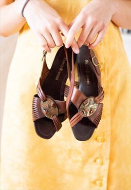 Brown open front leather sandals