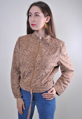 VINTAGE WOMAN BROWN PATTERN EVENING ZIPPED UP BLAZER