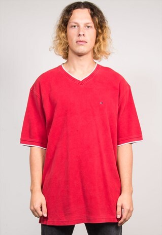 90'S VINTAGE TOMMY HILFIGER RED V-NECK T-SHIRT