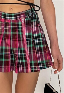Y2K Pink Plaid Zipper Pleated Mini Skirt