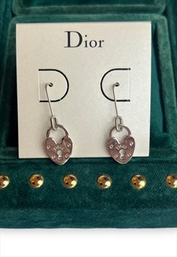 Vintage Dior earrings heart padlock silver tone drop dangly