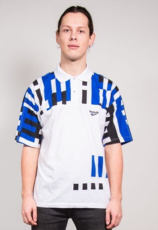 VINTAGE 90'S REEBOK BLOCK PATTERN POLO T-SHIRT