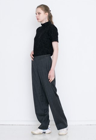 VINTAGE GREY WIDE LEG STRIPED RETRO TROUSERS