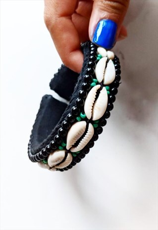COWRIE SHELL BLACK GREEN BEAD BRACELET BANGLE ADJUSTABLE SIZ