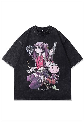 ANIME GIRL T-SHIRT JAPANESE CARTOON TEE RETRO TOP ACID GREY