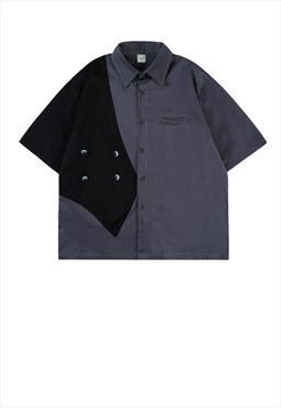 Button applique shirt patch top in black grey