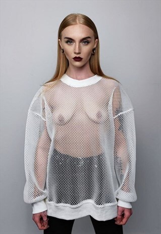 TRANSPARENT MESH TOP LONG SLEEVE SHEER JUMPER NET SWEATSHIRT