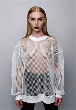 Transparent mesh top long sleeve sheer jumper net sweatshirt