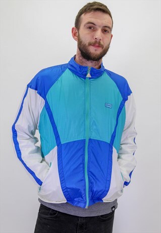 VINTAGE FESTIVAL PATTERN SHELL JACKET IN BLUE LARGE